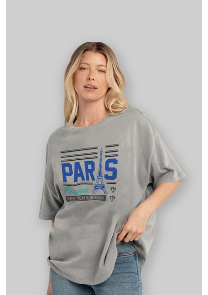 Paris Ön Baskılı Gri Oversize T-Shirt Unisex Erkek Kadın Bisiklet Yaka fırsatları