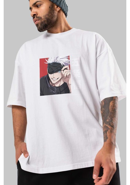 Jujutsu Kaısen Anime Ön Baskılı Beyaz Oversize T-Shirt Erkek Kadın modelleri