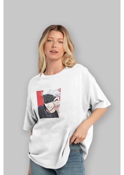 Jujutsu Kaısen Anime Ön Baskılı Beyaz Oversize T-Shirt Erkek Kadın fırsatları