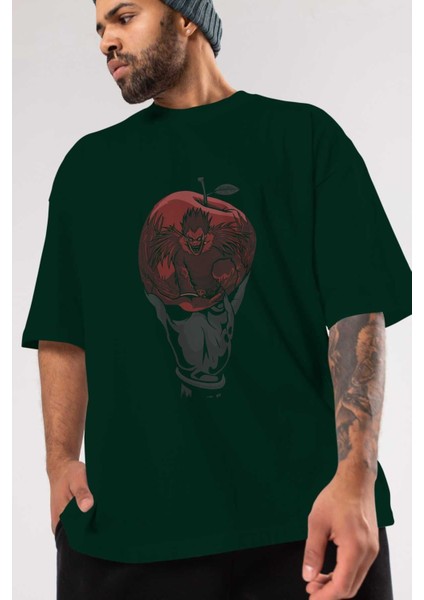 Death Note -Ryuk Anime Ön Baskılı Zümrüt Yeşili Oversize T-Shirt Erkek Kadın modelleri