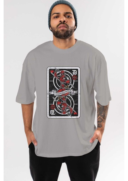 Deadpool Card Ön Baskılı Gri Oversize T-Shirt Unisex Erkek Kadın Bisiklet Yaka