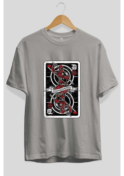 Deadpool Card Ön Baskılı Gri Oversize T-Shirt Unisex Erkek Kadın Bisiklet Yaka fiyatları