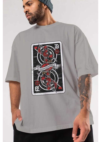 Deadpool Card Ön Baskılı Gri Oversize T-Shirt Unisex Erkek Kadın Bisiklet Yaka modelleri