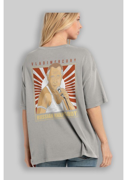 Freddy Puttin Arka Baskılı Gri Oversize T-Shirt Unisex Erkek Kadın Bisiklet Yaka modelleri