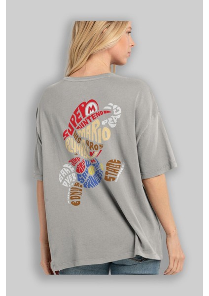 Mario Bros Arka Baskılı Gri Oversize T-Shirt Unisex Erkek Kadın Bisiklet Yaka modelleri