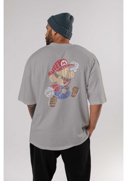 Mario Bros Arka Baskılı Gri Oversize T-Shirt Unisex Erkek Kadın Bisiklet Yaka fırsatları