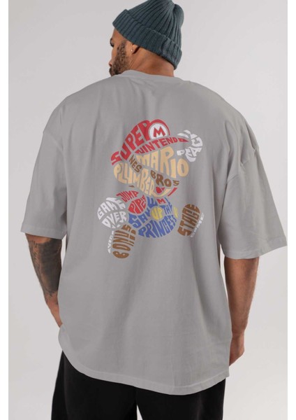 Mario Bros Arka Baskılı Gri Oversize T-Shirt Unisex Erkek Kadın Bisiklet Yaka indirimleri