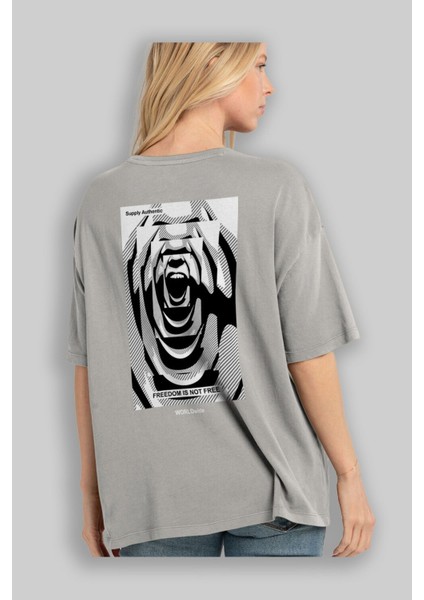 Freedom Is Not Free 2 Arka Baskılı Gri Oversize T-Shirt Unisex Erkek Kadın Bisiklet Yaka modelleri