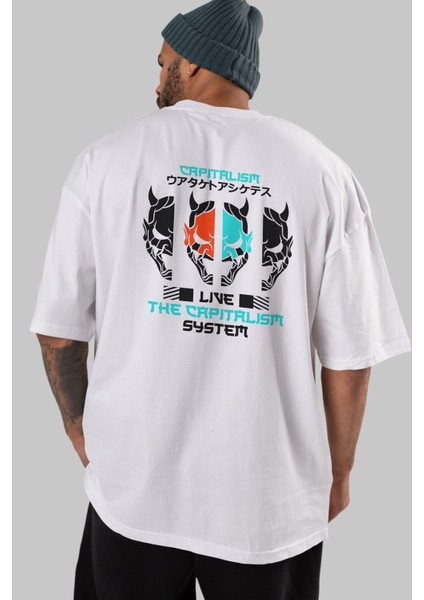 Live The Capitalism Arka Baskılı Beyaz Oversize T-Shirt Erkek Kadın Bisiklet Yaka