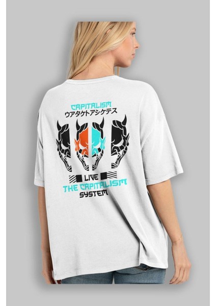 Live The Capitalism Arka Baskılı Beyaz Oversize T-Shirt Erkek Kadın Bisiklet Yaka fiyatları