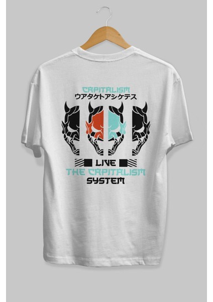 Live The Capitalism Arka Baskılı Beyaz Oversize T-Shirt Erkek Kadın Bisiklet Yaka modelleri