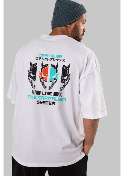 Live The Capitalism Arka Baskılı Beyaz Oversize T-Shirt Erkek Kadın Bisiklet Yaka fırsatları