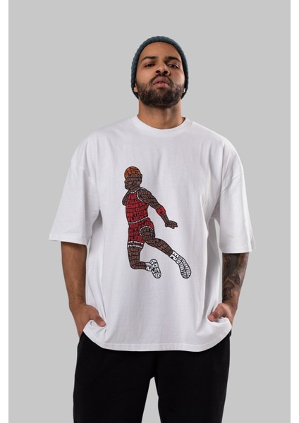 Slamdunk Ön Baskılı Beyaz Oversize T-Shirt Erkek Kadın Bisiklet Yaka