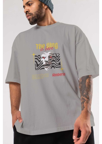 The King Is Here Yazılı Ön Baskılı Gri Oversize T-Shirt Unisex Erkek Kadın Bisiklet Yaka modelleri