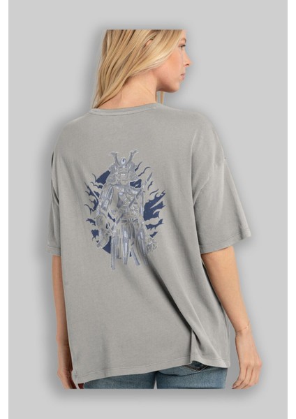 Samurai Robot Skull Arka Baskılı Gri Oversize T-Shirt Unisex Erkek Kadın Bisiklet Yaka modelleri
