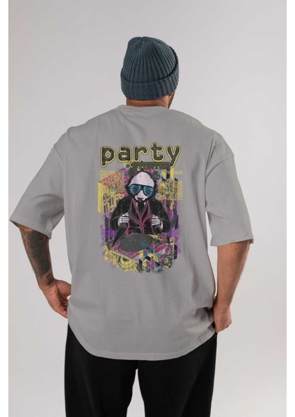 Party Starter Arka Baskılı Gri Oversize T-Shirt Unisex Erkek Kadın Bisiklet Yaka
