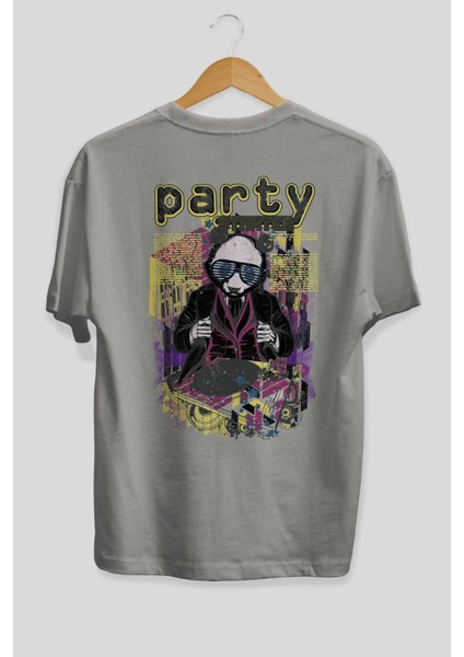 Party Starter Arka Baskılı Gri Oversize T-Shirt Unisex Erkek Kadın Bisiklet Yaka fiyatları