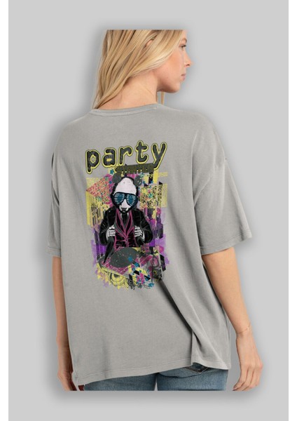 Party Starter Arka Baskılı Gri Oversize T-Shirt Unisex Erkek Kadın Bisiklet Yaka modelleri