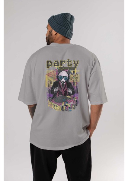 Party Starter Arka Baskılı Gri Oversize T-Shirt Unisex Erkek Kadın Bisiklet Yaka fırsatları