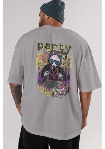 Party Starter Arka Baskılı Gri Oversize T-Shirt Unisex Erkek Kadın Bisiklet Yaka indirimleri