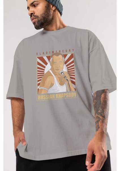Freddy Puttin Ön Baskılı Gri Oversize T-Shirt Unisex Erkek Kadın Bisiklet Yaka modelleri