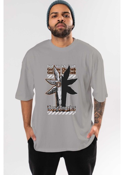 God Save The Youth Ön Baskılı Gri Oversize T-Shirt Unisex Erkek Kadın Bisiklet Yaka