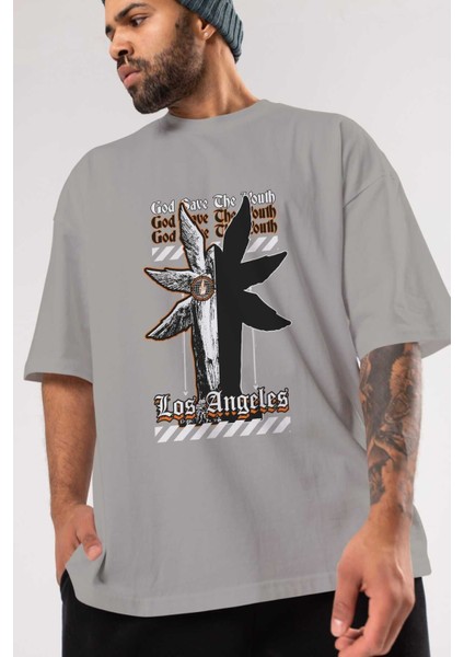 God Save The Youth Ön Baskılı Gri Oversize T-Shirt Unisex Erkek Kadın Bisiklet Yaka modelleri