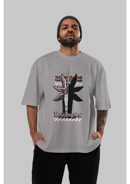 God Save The Youth Ön Baskılı Gri Oversize T-Shirt Unisex Erkek Kadın Bisiklet Yaka indirimleri