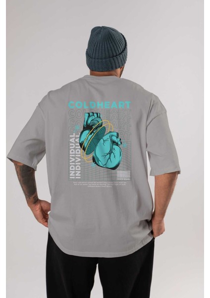 Cold Heart Arka Baskılı Gri Oversize T-Shirt Unisex Erkek Kadın Bisiklet Yaka
