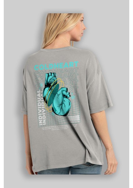 Cold Heart Arka Baskılı Gri Oversize T-Shirt Unisex Erkek Kadın Bisiklet Yaka modelleri
