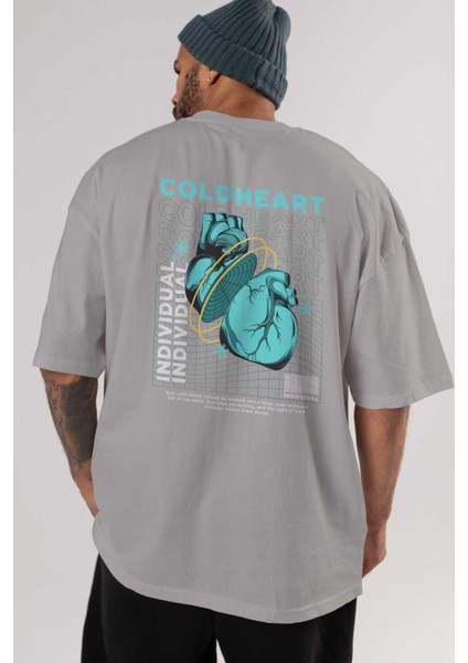 Cold Heart Arka Baskılı Gri Oversize T-Shirt Unisex Erkek Kadın Bisiklet Yaka indirimleri