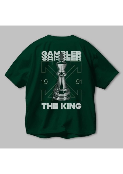Gambler The King Arka Baskılı Zümrüt Yeşili Oversize T-Shirt Unisex Erkek Kadın Bisiklet Yaka modelleri