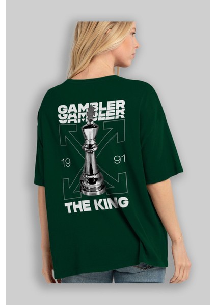 Gambler The King Arka Baskılı Zümrüt Yeşili Oversize T-Shirt Unisex Erkek Kadın Bisiklet Yaka fırsatları
