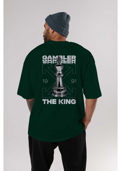 Gambler The King Arka Baskılı Zümrüt Yeşili Oversize T-Shirt Unisex Erkek Kadın Bisiklet Yaka indirimleri