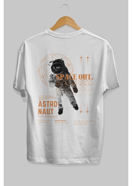 Astronaut Space Out Arka Baskılı Beyaz Oversize T-Shirt Erkek Kadın Bisiklet Yaka