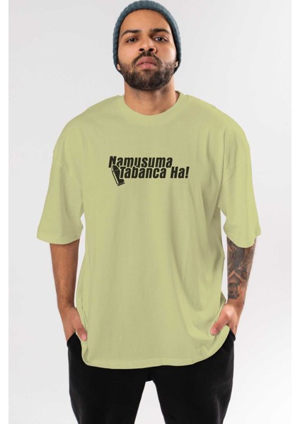 Namusuma Tabanca Ön Baskılı Bej Oversize T-Shirt Erkek Kadın Bisiklet Yaka