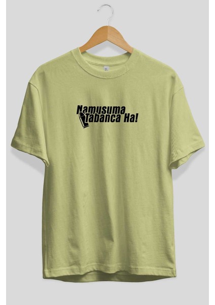 Namusuma Tabanca Ön Baskılı Bej Oversize T-Shirt Erkek Kadın Bisiklet Yaka
