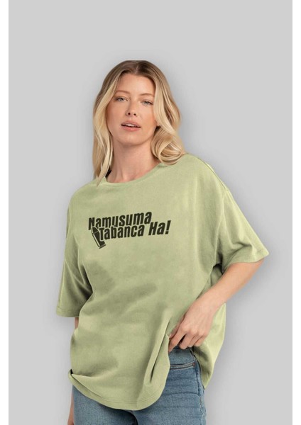 Namusuma Tabanca Ön Baskılı Bej Oversize T-Shirt Erkek Kadın Bisiklet Yaka