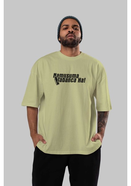 Namusuma Tabanca Ön Baskılı Bej Oversize T-Shirt Erkek Kadın Bisiklet Yaka