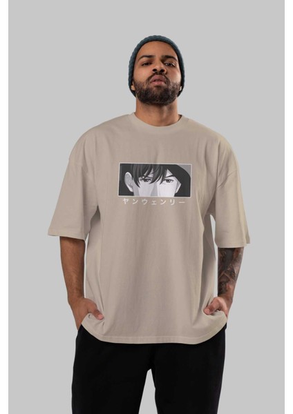 Wen-Li Yang 1 Anime Ön Baskılı Bej Oversize T-Shirt Erkek Kadın fırsatları