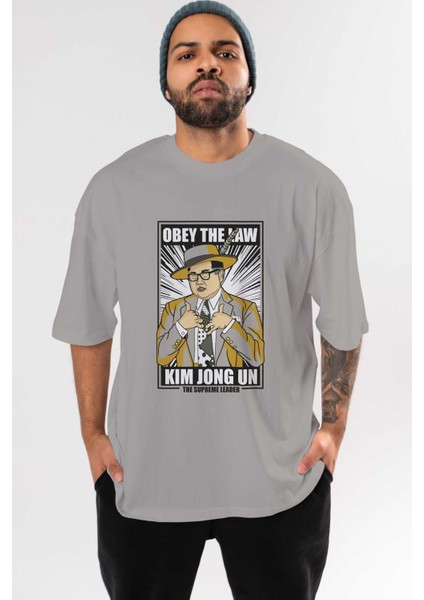 The Mask Jong Un Ön Baskılı Gri Oversize T-Shirt Unisex Erkek Kadın Bisiklet Yaka