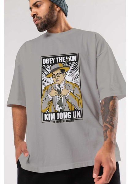 The Mask Jong Un Ön Baskılı Gri Oversize T-Shirt Unisex Erkek Kadın Bisiklet Yaka modelleri