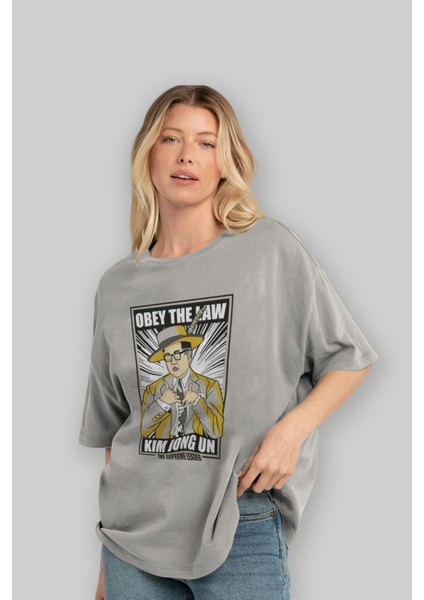 The Mask Jong Un Ön Baskılı Gri Oversize T-Shirt Unisex Erkek Kadın Bisiklet Yaka fırsatları