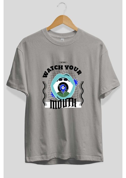 Watch Your Mouth Ön Baskılı Gri Oversize T-Shirt Unisex Erkek Kadın Bisiklet Yaka fiyatları