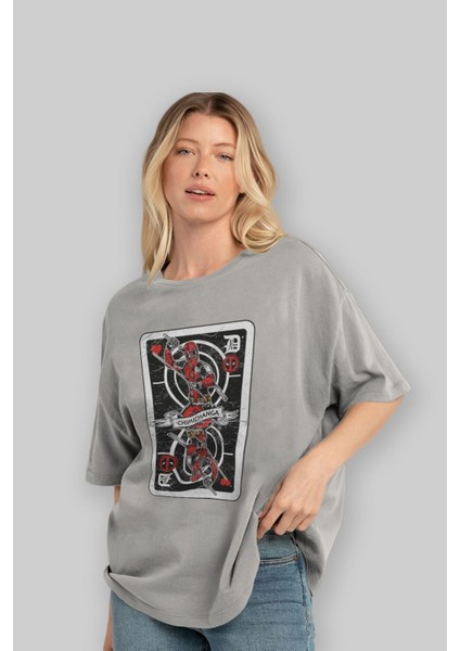 Deadpool Card Ön Baskılı Gri Oversize T-Shirt Unisex Erkek Kadın Bisiklet Yaka fırsatları