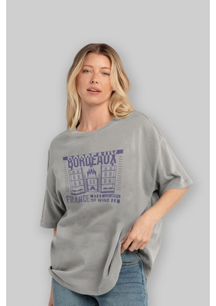 Bordeaux Ön Baskılı Gri Oversize T-Shirt Unisex Erkek Kadın Bisiklet Yaka fırsatları