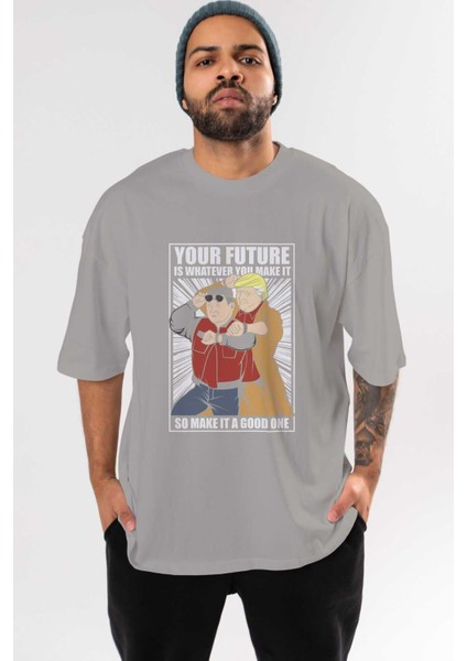 Back To The Future Jong Un Ön Baskılı Gri Oversize T-Shirt Unisex Erkek Kadın Bisiklet Yaka