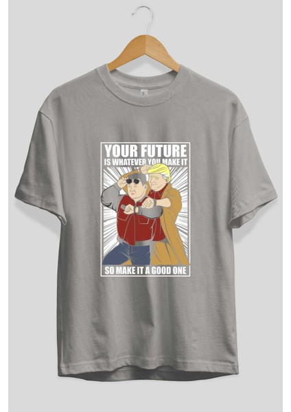Back To The Future Jong Un Ön Baskılı Gri Oversize T-Shirt Unisex Erkek Kadın Bisiklet Yaka