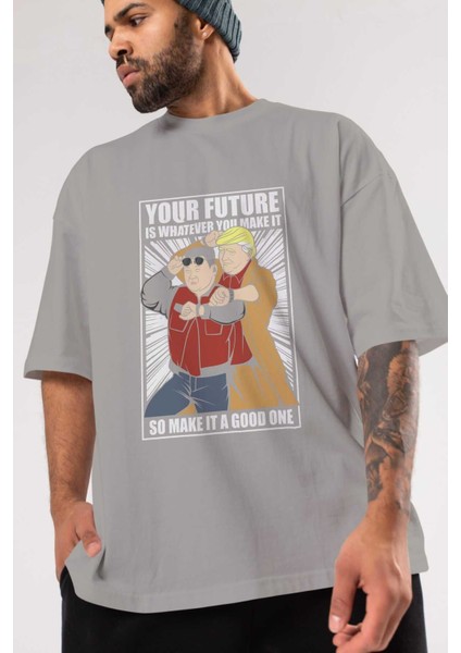 Back To The Future Jong Un Ön Baskılı Gri Oversize T-Shirt Unisex Erkek Kadın Bisiklet Yaka