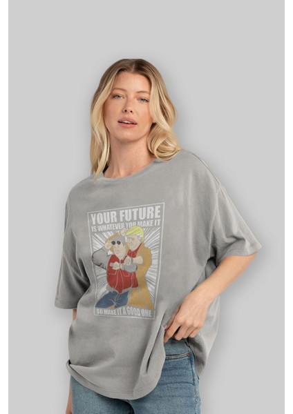 Back To The Future Jong Un Ön Baskılı Gri Oversize T-Shirt Unisex Erkek Kadın Bisiklet Yaka